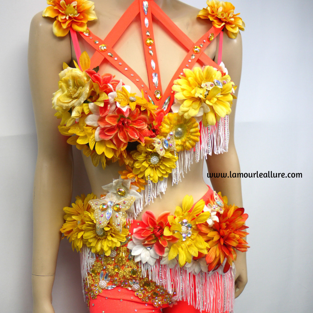 Neon Orange Yellow Fringe Fairy Monokini Costume - Picture 5 of 7